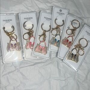 Fashion Gold-Tone Pink Striped Sparkly Purse Keychain- Price is for 1